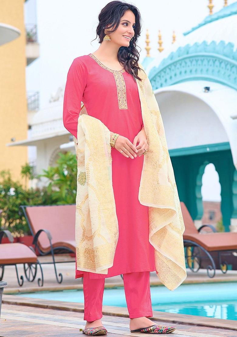 Pink Floral Print Chanderi Kurta Set