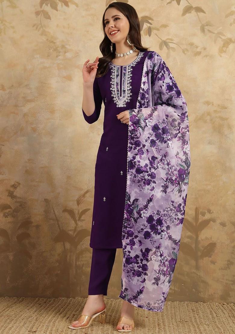 Purple Embroidered Chanderi Kurta Set