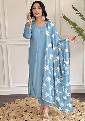 Blue Floral Print Chanderi Kurta Set