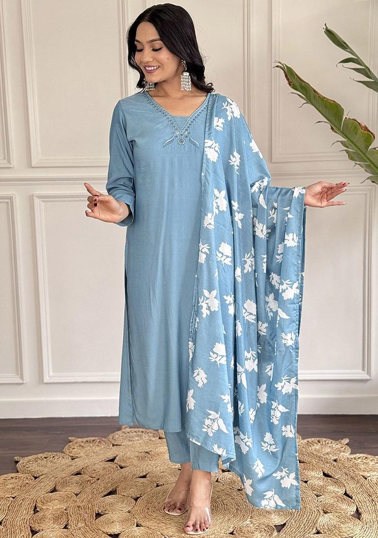 Blue Floral Print Chanderi Kurta Set