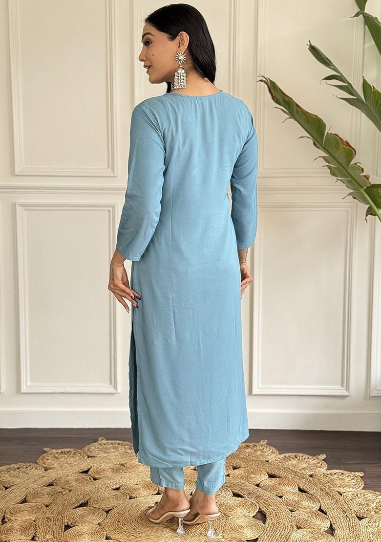 Blue Floral Print Chanderi Kurta Set