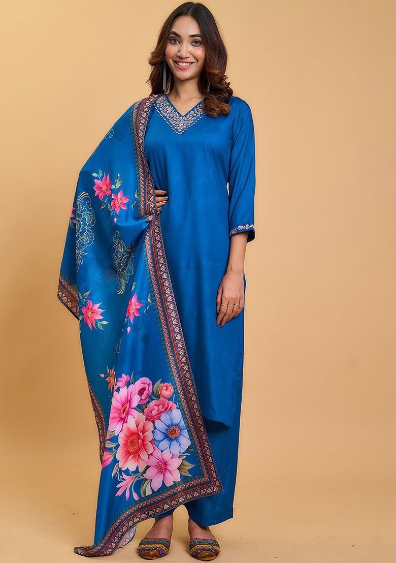 Blue Embroidered Poly Blend Kurta Set