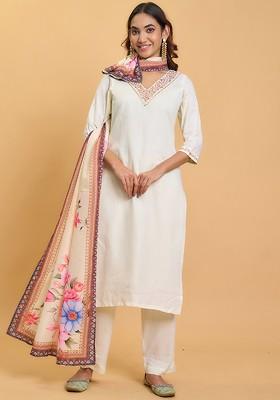 White Embroidered Poly Blend Kurta Set