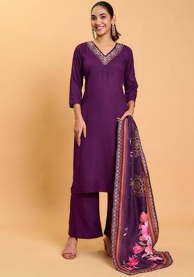 Purple Embroidered Poly Blend Kurta Set