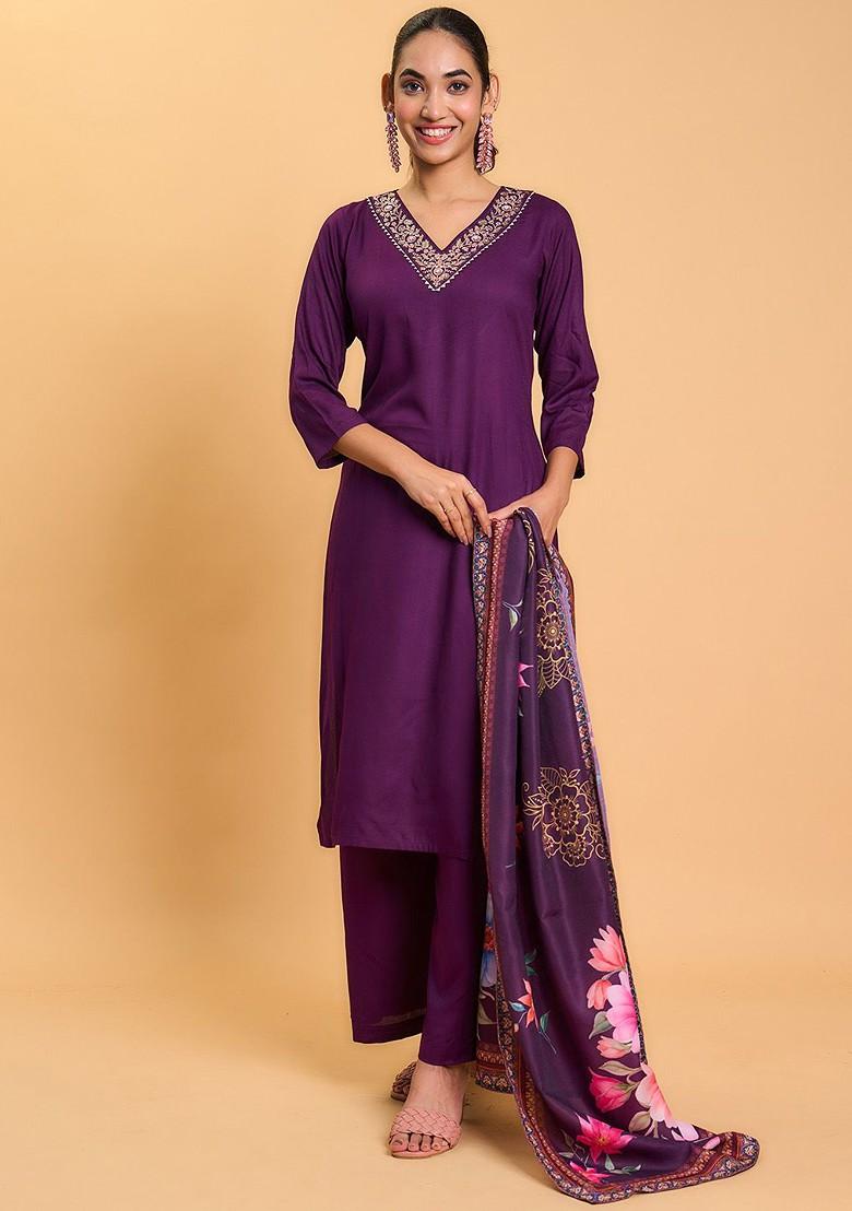 Purple Embroidered Poly Blend Kurta Set