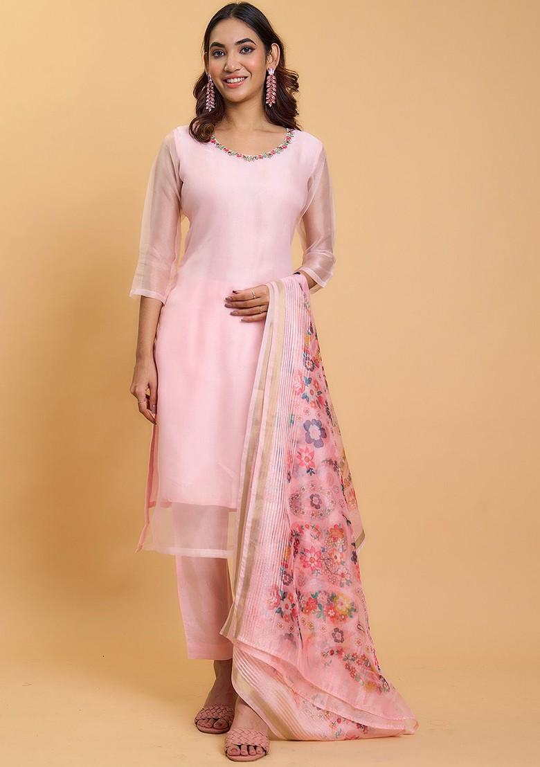 Pink Embroidered Poly Blend Kurta Set
