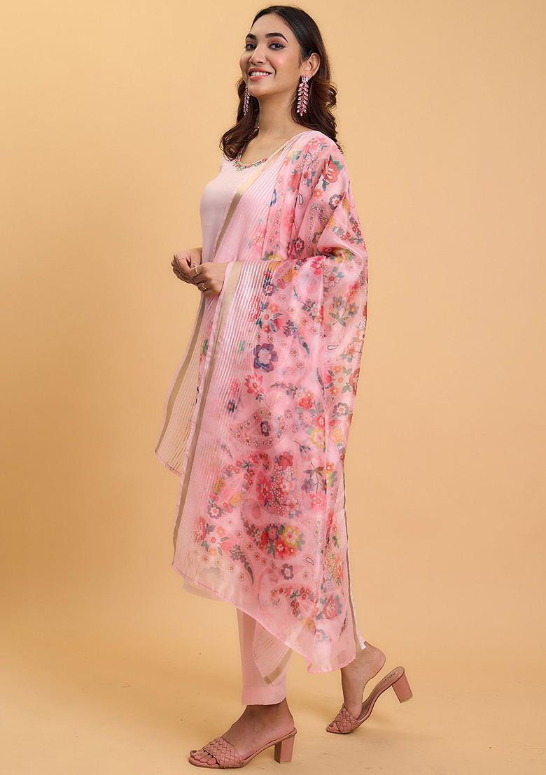 Pink Embroidered Poly Blend Kurta Set