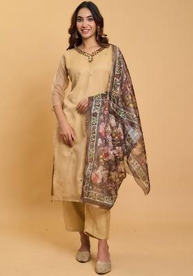 Beige Embroidered Poly Blend Kurta Set