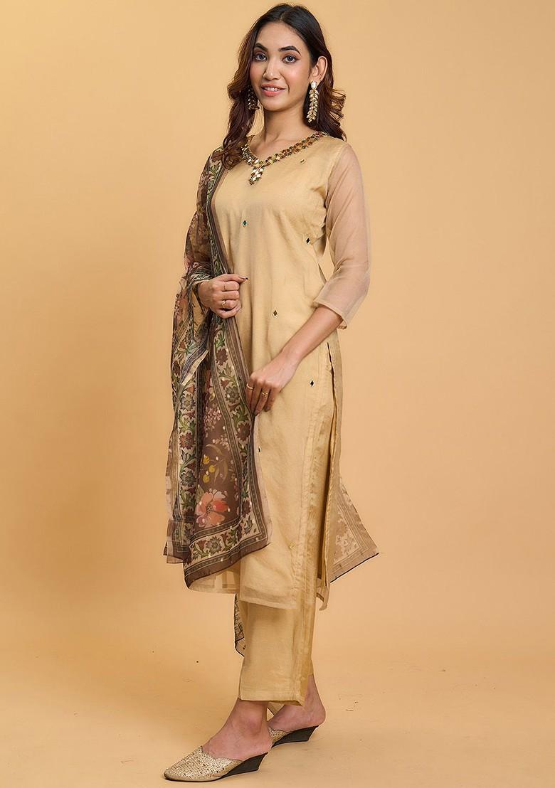 Beige Embroidered Poly Blend Kurta Set