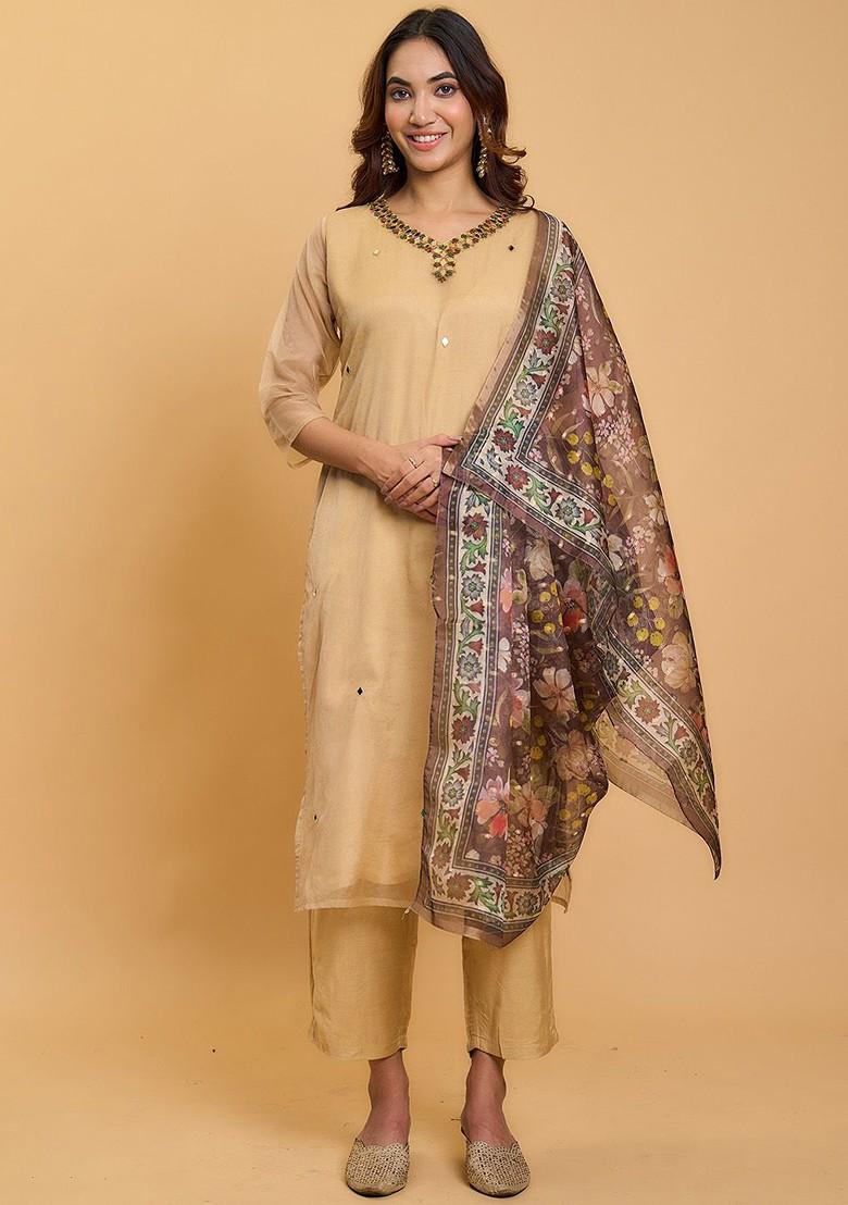 Beige Embroidered Poly Blend Kurta Set