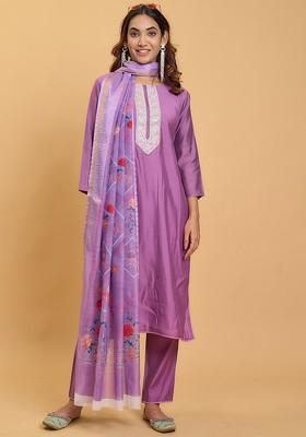Lavender Floral Print Chanderi Kurta Set