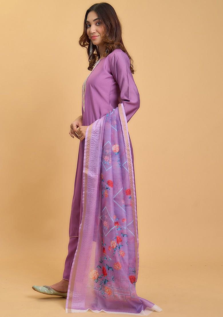 Lavender Floral Print Chanderi Kurta Set