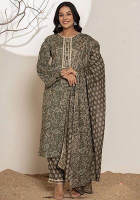 Green Floral Print Cotton Kurta Set