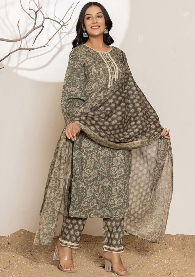 Green Floral Print Cotton Kurta Set
