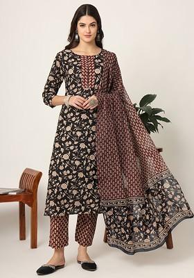 Black Floral Print Cotton Kurta Set
