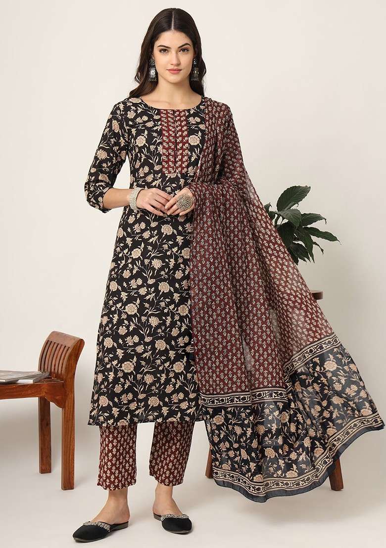 Black Embroidered Cotton A Line Kurta Set - Indya
