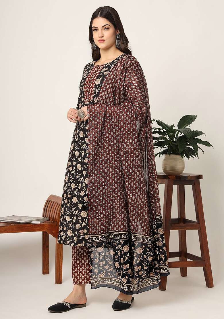Black Embroidered Cotton A Line Kurta Set - Indya