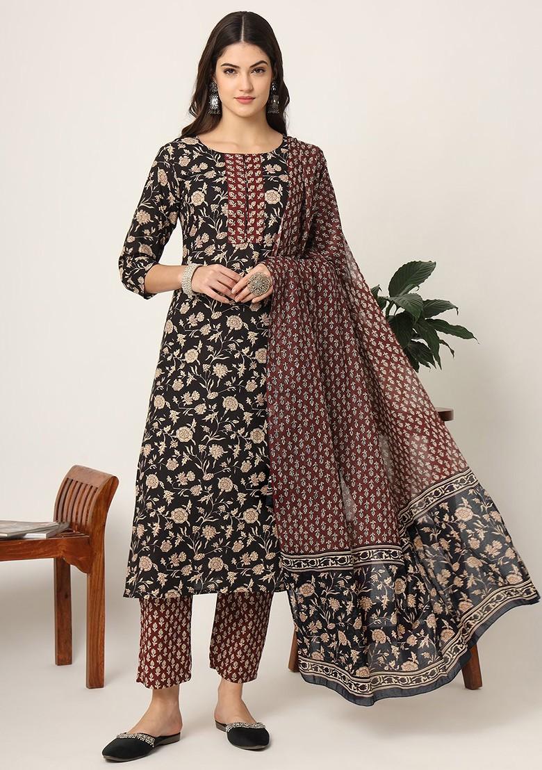Black Floral Print Cotton Kurta Set