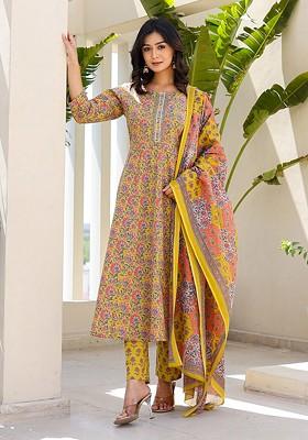 Yellow Embroidered Cotton Kurta Set