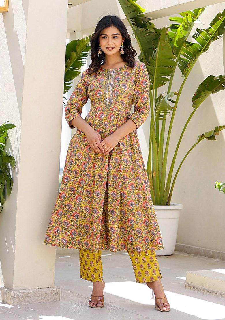 Yellow Embroidered Cotton Kurta Set