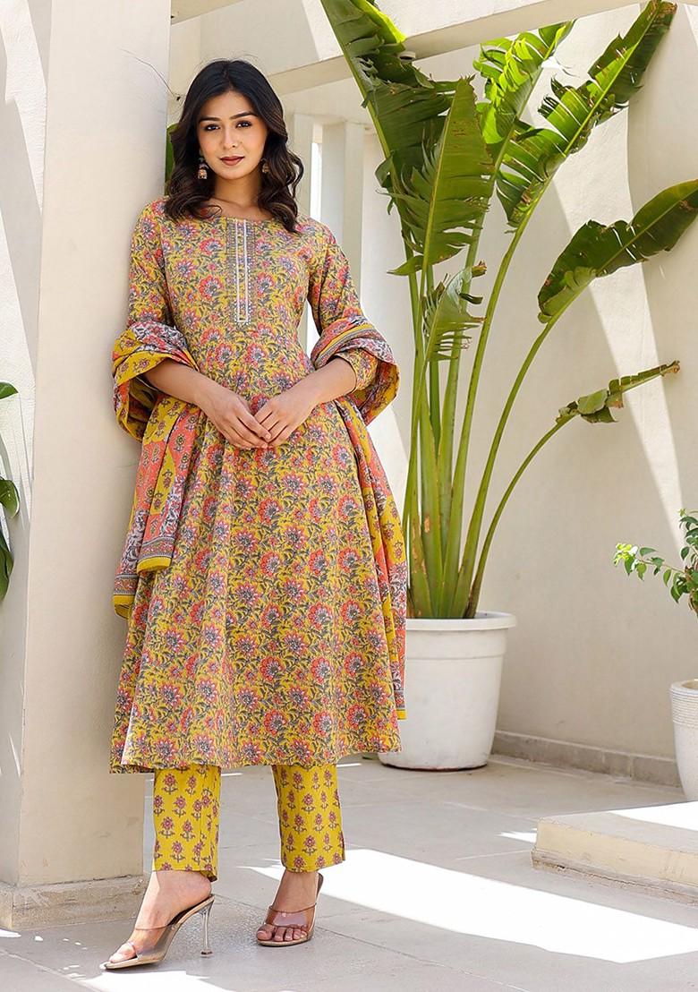 Yellow Embroidered Cotton Kurta Set