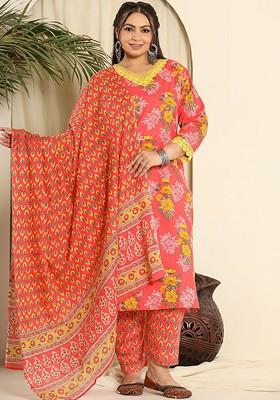 Pink Floral Print Cotton Kurta Set