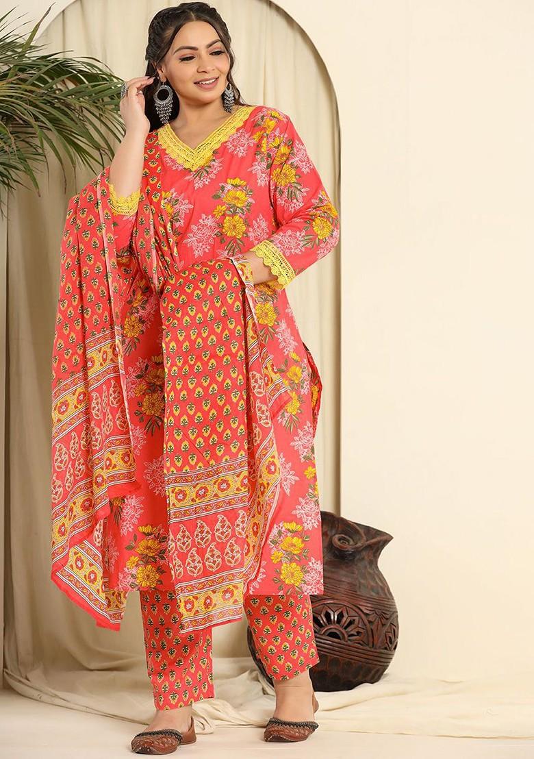 Pink Floral Print Cotton Kurta Set
