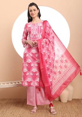 Pink Floral Print Cotton Kurta Set