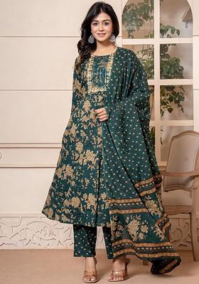 Green Floral Print Cotton Kurta Set