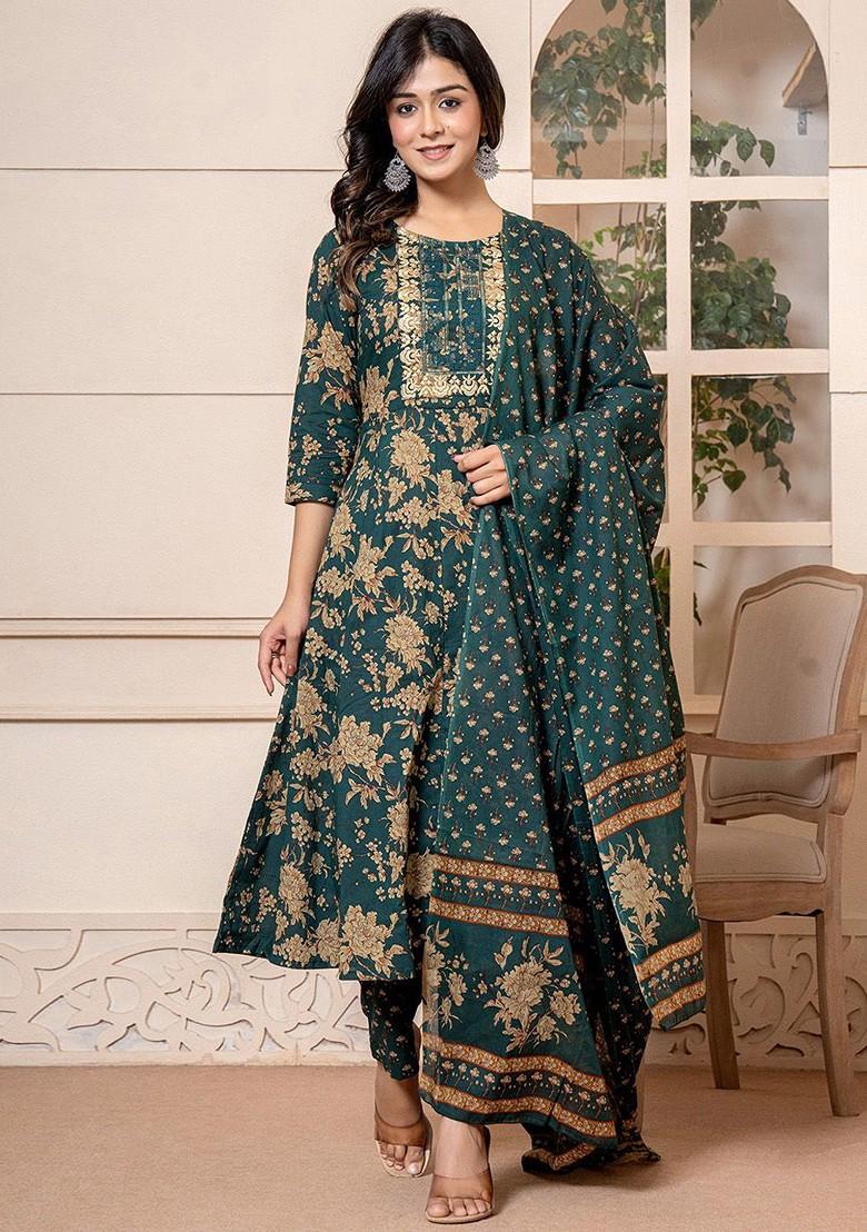 Green Floral Print Cotton Kurta Set