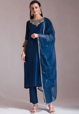 Blue Embroidered Poly Blend Kurta Set