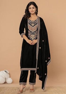 Black Embroidered Poly Blend Kurta Set