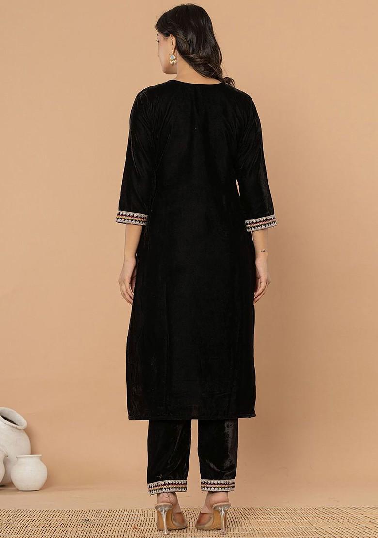 Black Embroidered Poly Blend Kurta Set