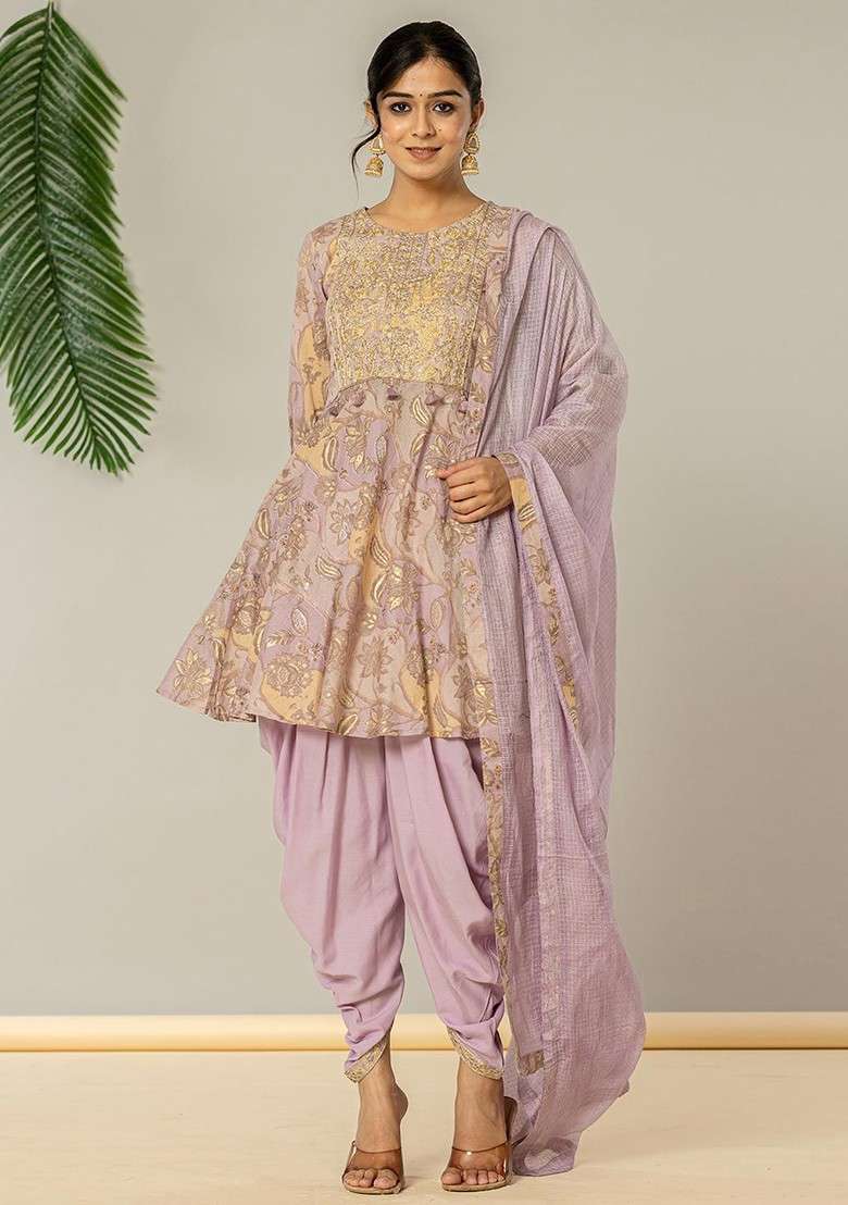Purple Embroidered Cotton Punjabi Suit - Indya