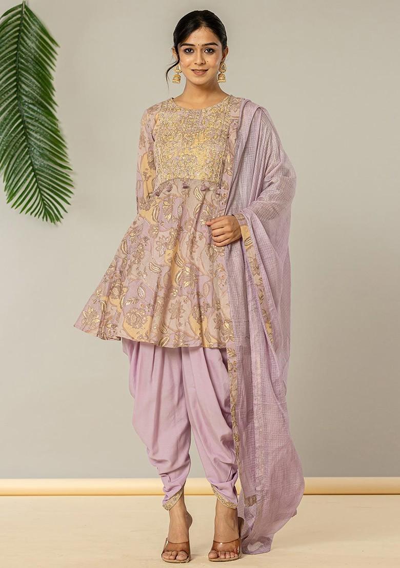 Purple Floral Print Cotton Kurta Set