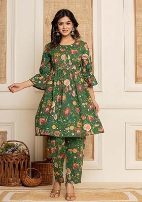 Green Floral Print Cotton Kurta Set