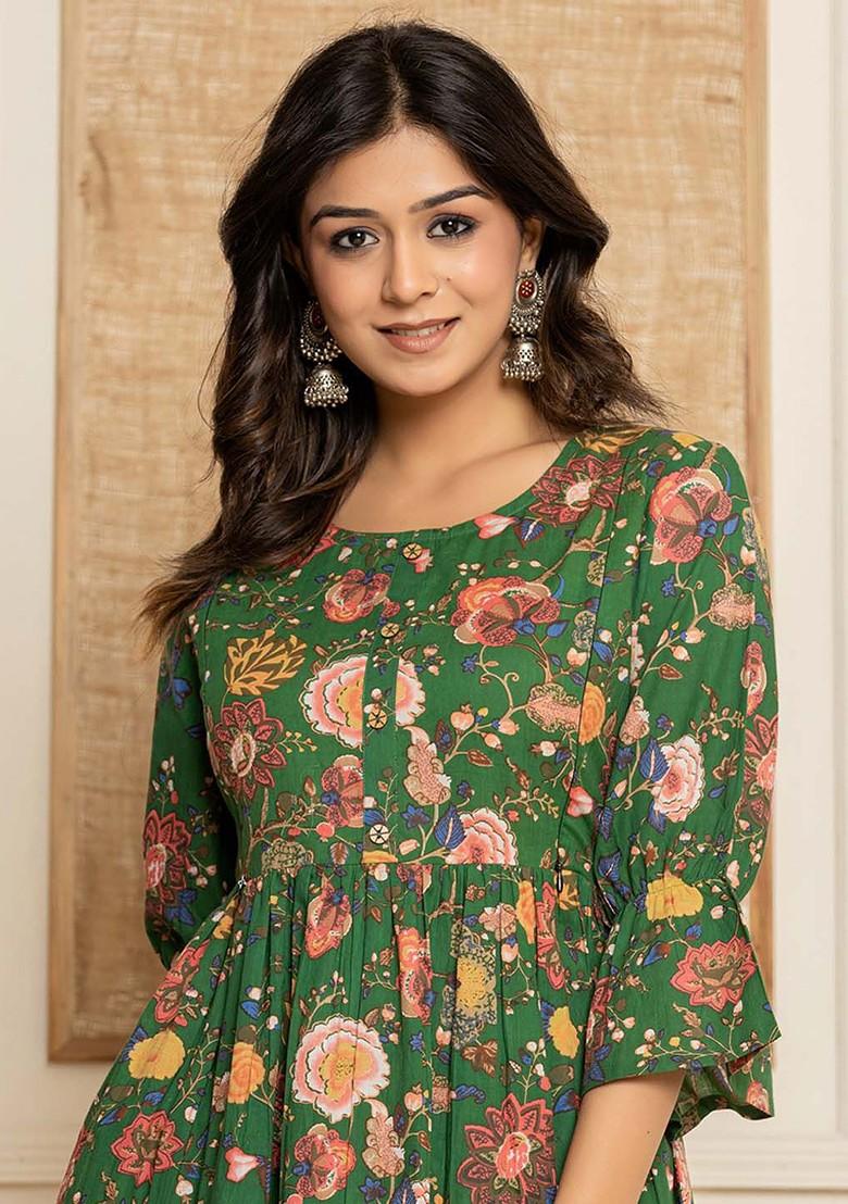 Green Floral Print Cotton Kurta Set