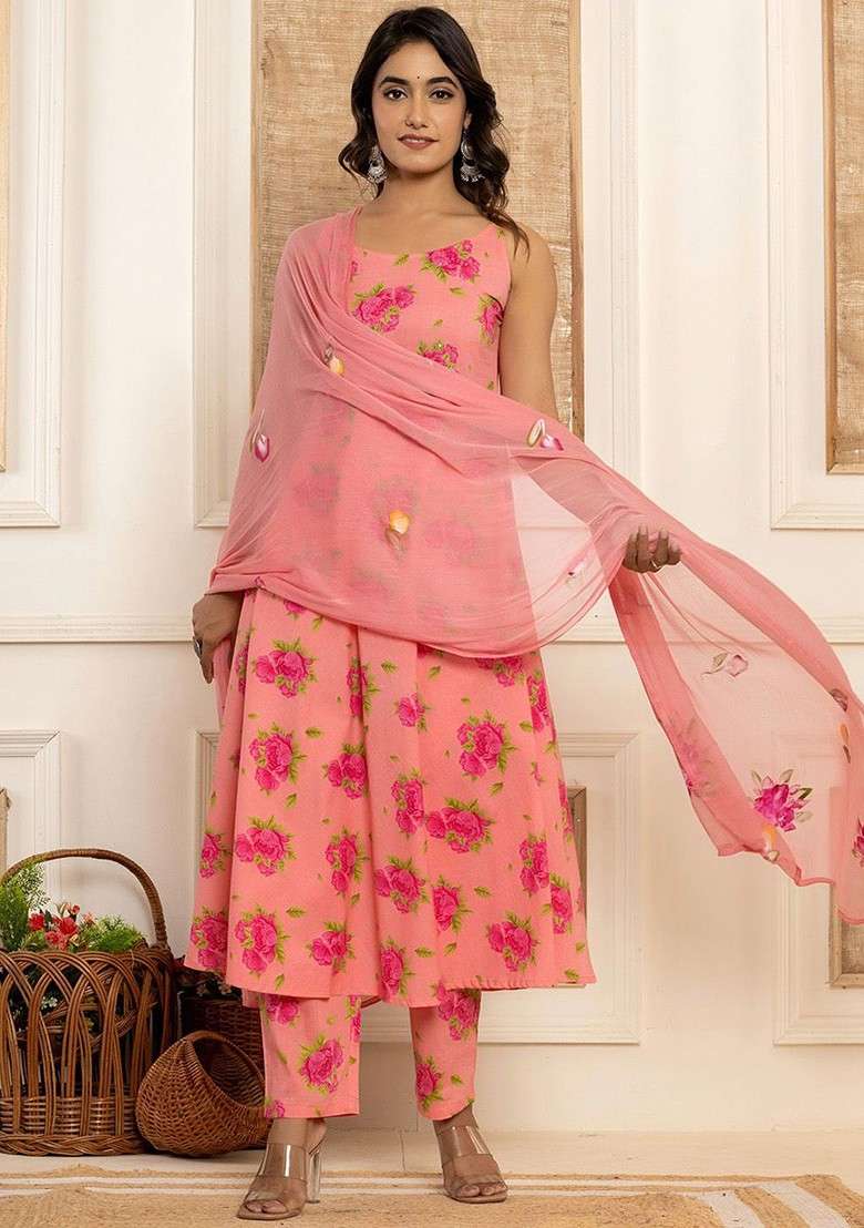 Peach Floral Print Cotton Straight Kurta Set - Indya