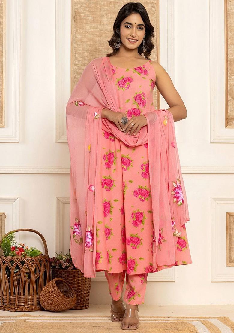 Peach Floral Print Cotton Kurta Set