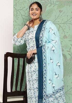 Blue Floral Print Cotton Kurta Set