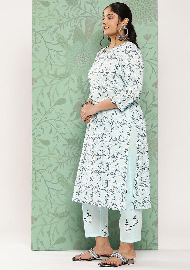 Blue Floral Print Cotton Kurta Set