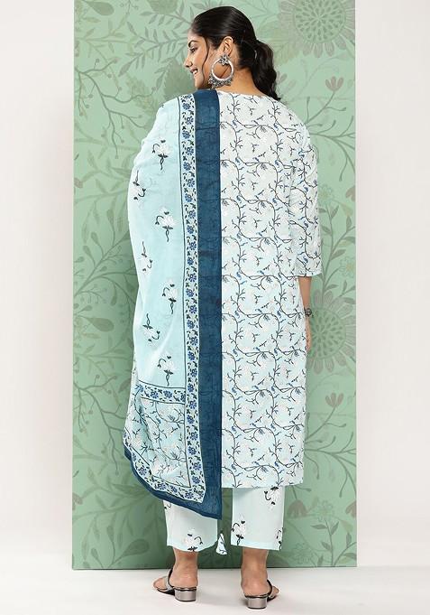 Cream Multi-Colored Floral Print Cotton Kurta Set