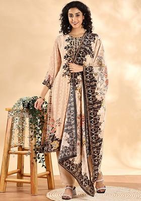 Beige Floral Print Silk Kurta Set