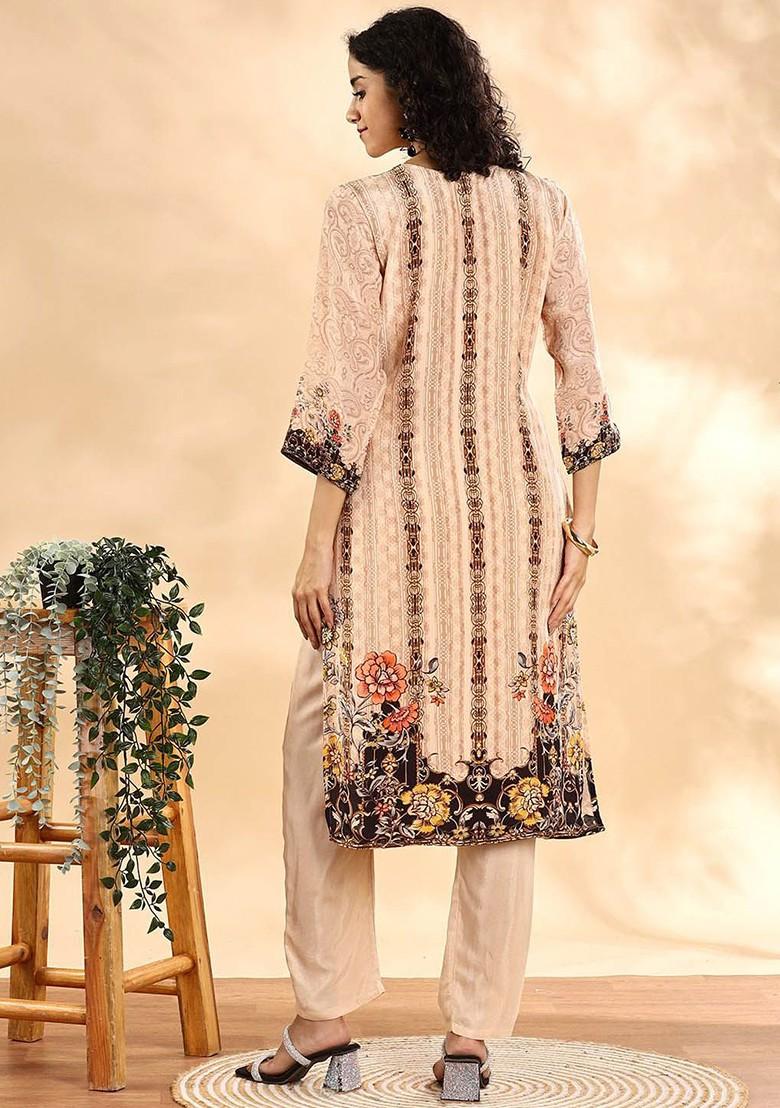 Beige Floral Print Silk Kurta Set