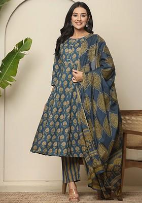 Blue Floral Print Cotton Kurta Set