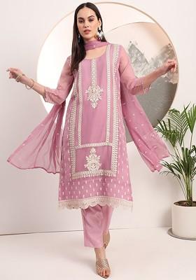 Lavender Embroidered Poly Blend Kurta Set