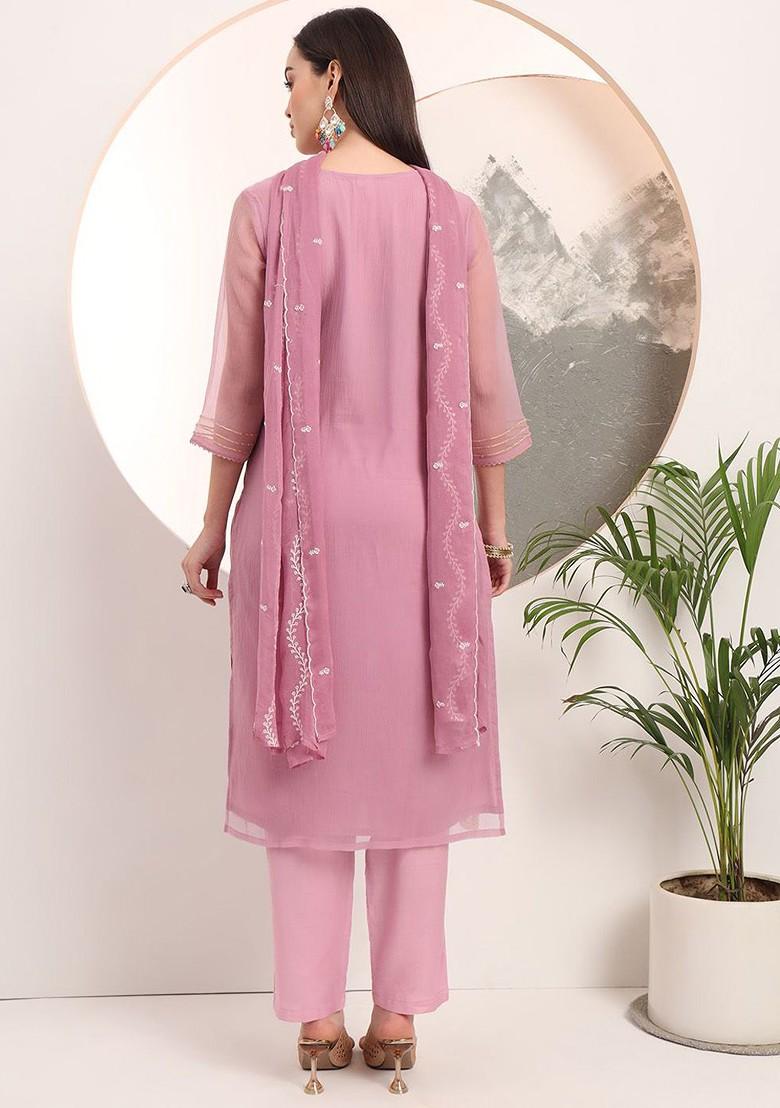 Lavender Embroidered Poly Blend Kurta Set