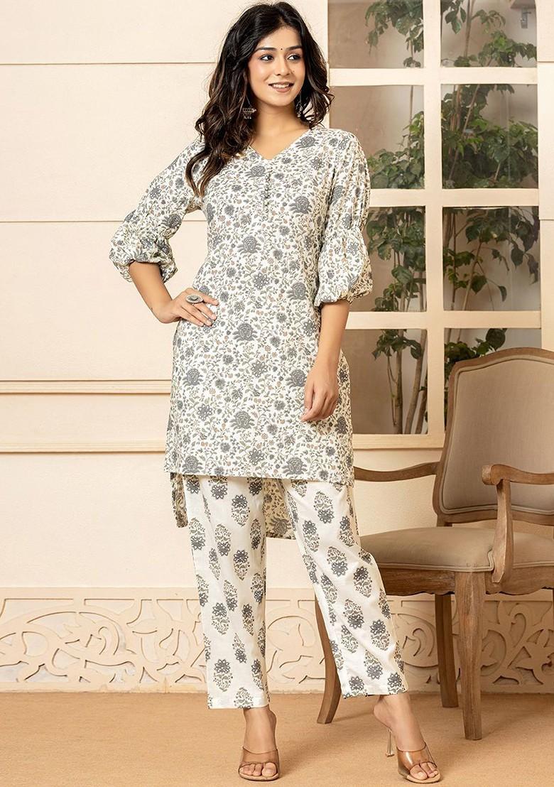 Grey Floral Print Cotton Fusion Set