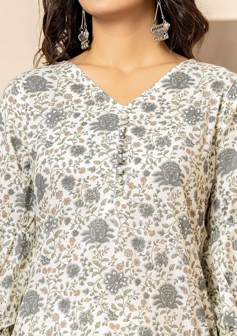 Grey Floral Print Cotton Fusion Set