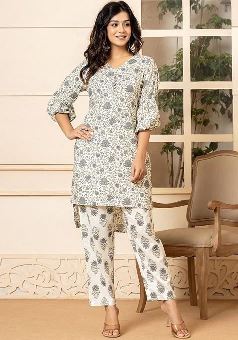 Grey Floral Print Cotton Fusion Set
